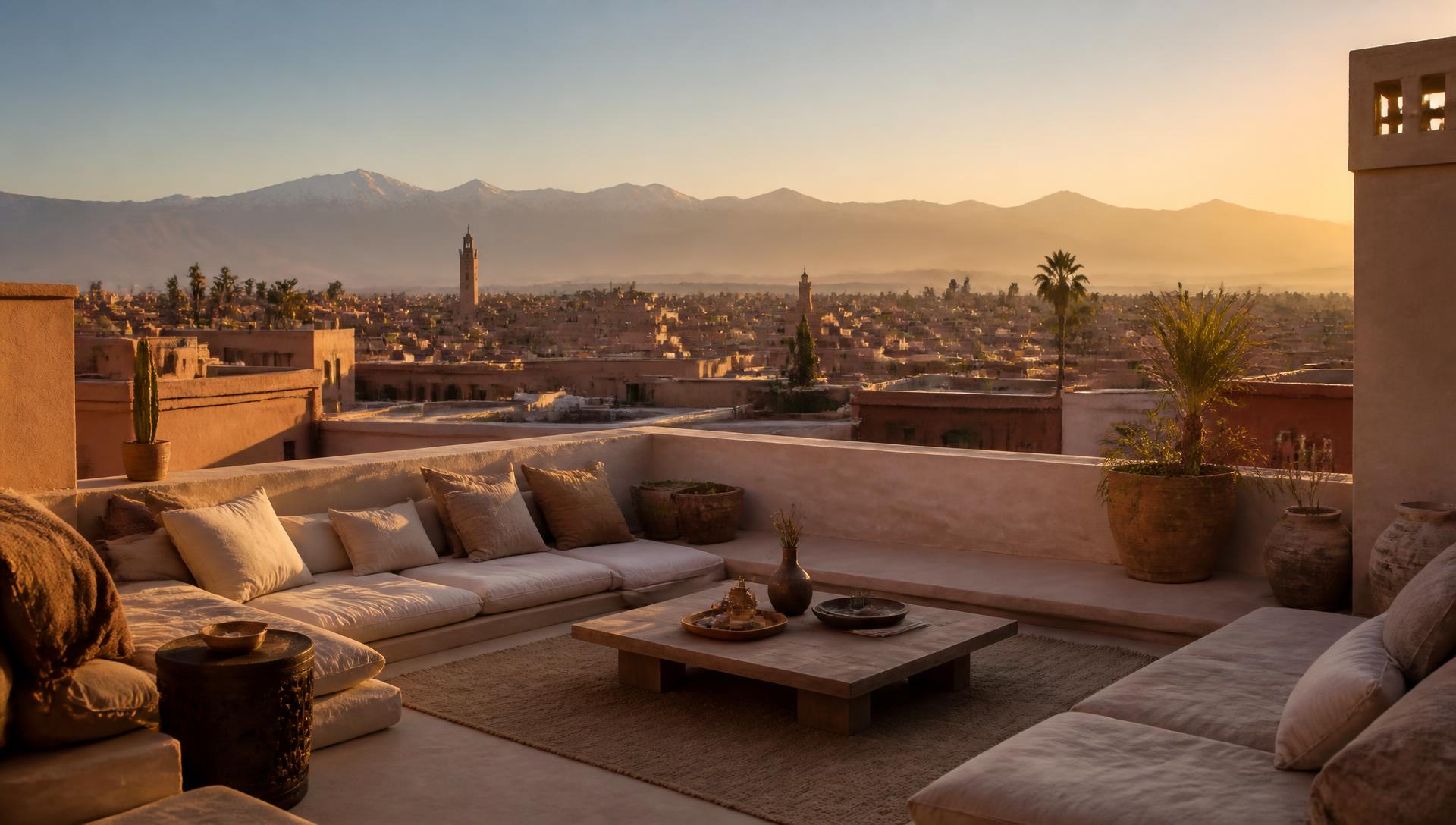 Terrasse marocaine contemporaine au coucher du soleil